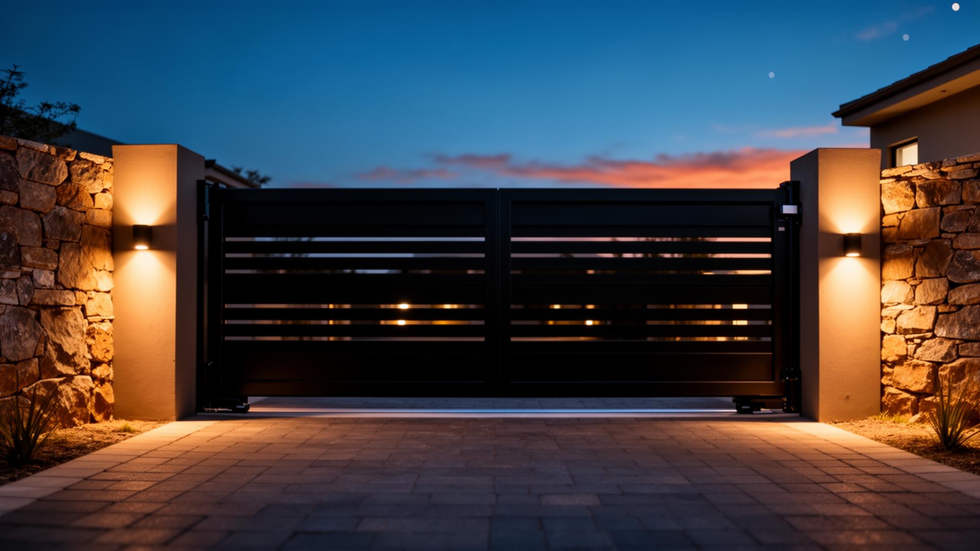 Automated sliding gate at a residential entrance at dusk